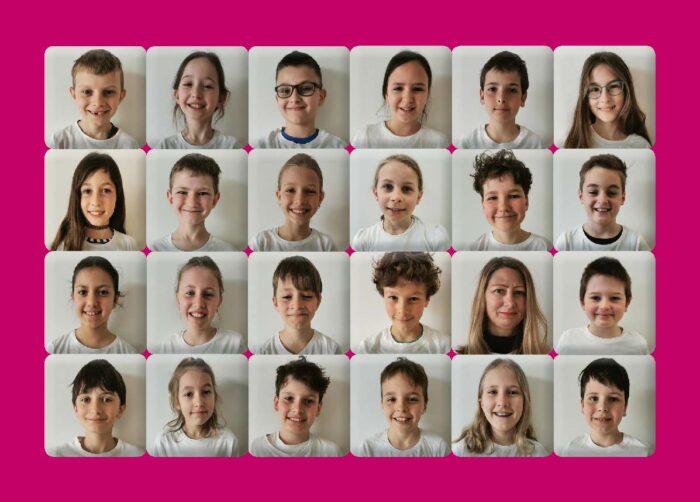 Draw the Line - Collage aus Bildern von den Künstler:innen der Volksschule Graz, Einladungskarte